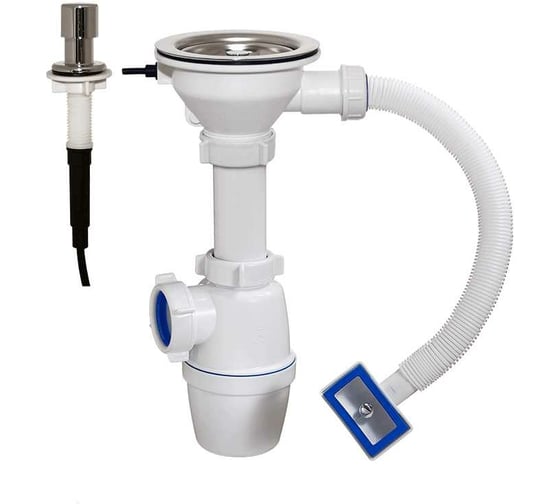 Изображение товара Бутылочный сифон ORIO с выпуском полуавтомат 3 1/2 и прямоугольным переливом кнопка-грибок, под отверстие D-16мм АА-4007