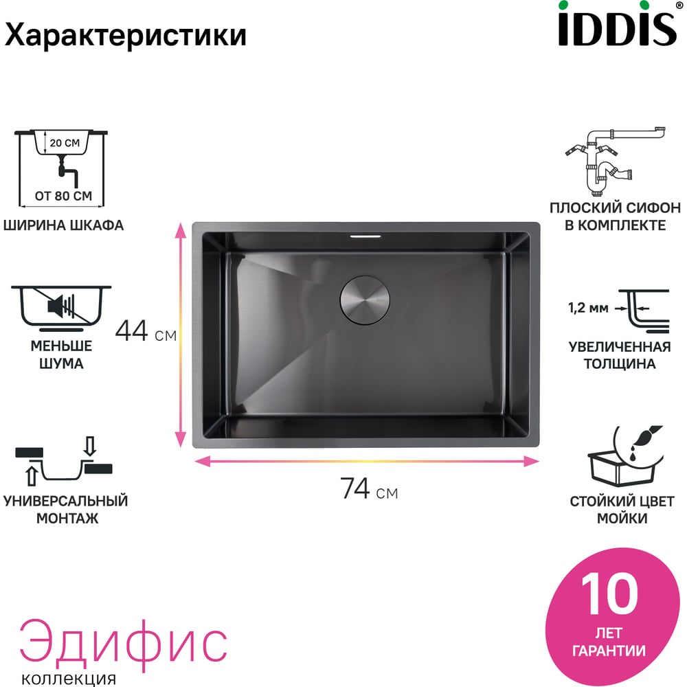 Мойка IDDIS Edifice нержавеющая сталь, универсального монтажа, графит 740x440 EDI74G0i77