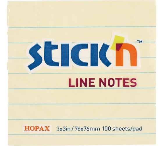 Изображение товара Самоклеящийся бумажный блок STICK`N 21054 76x76 мм, 100 листов, 70 г/м2, пастель, желтый, в линейку, 12 шт в упаковке 822605