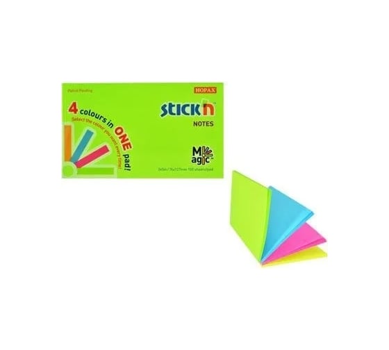 Изображение товара Самоклеящийся бумажный блок STICK`N Magic 21573 76x127 мм, 100 листов, 70 г/м2, неон, 4 цвета в упаковке, 12 шт в упаковке 889406