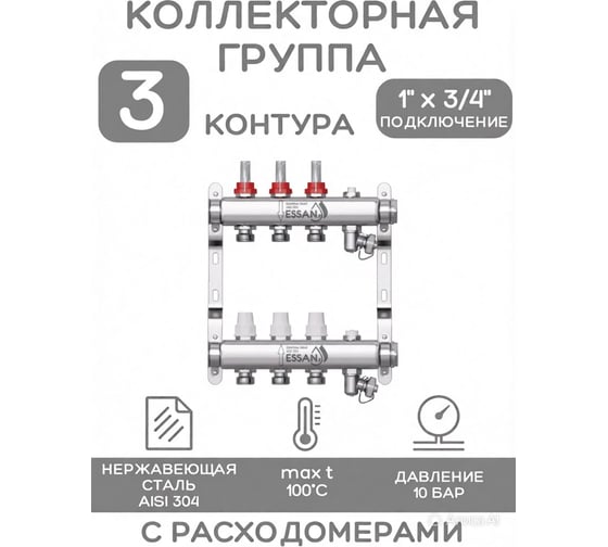 Изображение товара Коллекторная группа ESSAN GROUP802 нержавейка, 1"x3/4" EK 3 выхода, с расходомерами 180222503-77