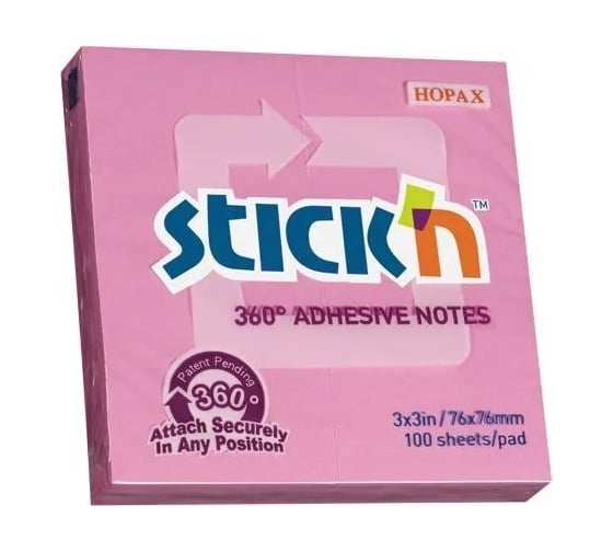 Изображение товара Самоклеящийся бумажный блок STICK`N 21554 76x76 мм, 100 листов, 70 г/м2, розовый, клей по периметру, 12 шт в упаковке 822781