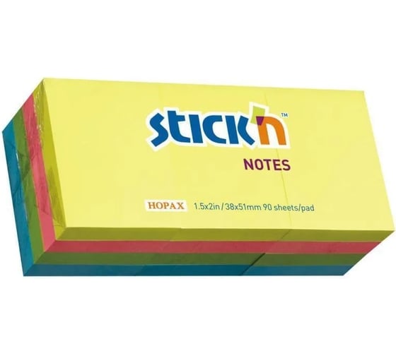 Изображение товара Самоклеящийся бумажный блок STICK`N 21532 38x51 мм, 100 листов, 70 г/м2, неон, ассорти, слюда, 12 шт в упаковке 822772