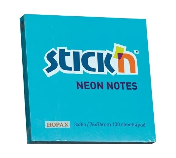 Изображение товара Самоклеящийся бумажный блок STICK`N 21209 76x76 мм, 100 листов, 70 г/м2, неон, голубой, 12 шт в упаковке 822678