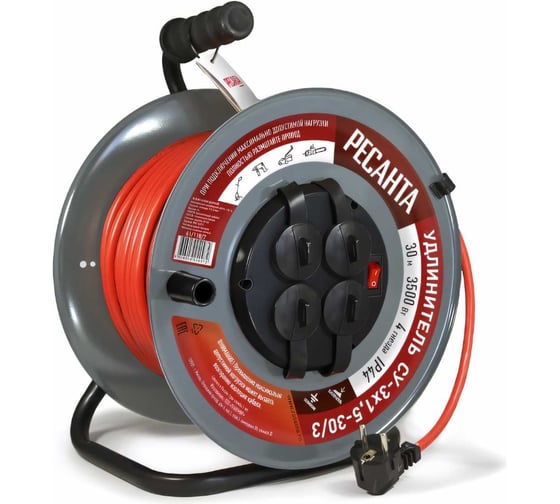 Изображение товара Силовой удлинитель Ресанта на металлической катушке, СУ-3x1,5-30/3 (с выкл., 4 розетки, IP44) 61/118/7