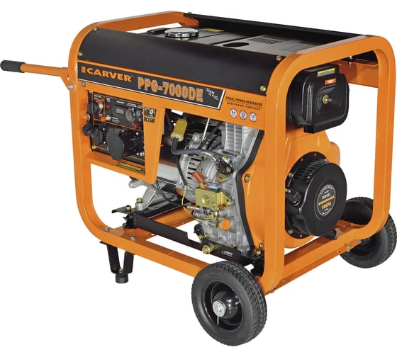 Изображение товара Генератор CARVER PPG- 7000DE дизель LT-186FA, 5,0/5,5кВт, 220В, бак12.5л, э/старт, колеса, медь 01.020.00023