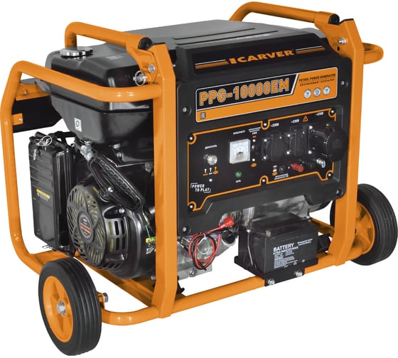 Изображение товара Генератор CARVER PPG-10000ЕM бензин LT-192FA, 7,0/7,5кВт, 220В, бак 33 л,электростартер, колеса, медь 01.020.00031