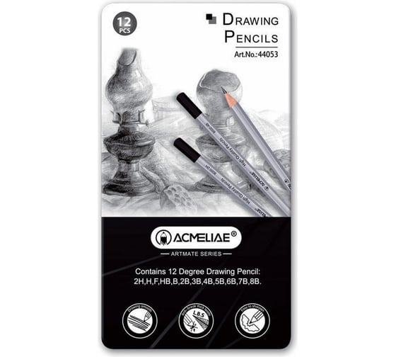 Изображение товара Набор чернографитных карандашей ACMELIAE 12 твердостей (2H,H,F,HB,B,2B,3B,4B,5B,6B,7B,8B), в металле 44053