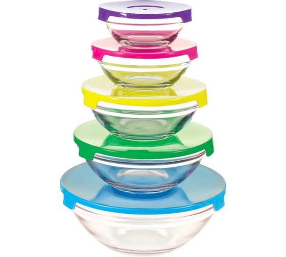 Изображение товара Набор из 5 стеклянных мисок с крышками Mallony INSALATO 150/210/360/510/920 мл 007177