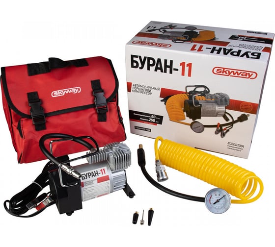 Изображение товара Металлический компрессор SKYWAY 60 л/мин с крокодилами БУРАН-11 3 насадки, сумка, 10 атм S02001024