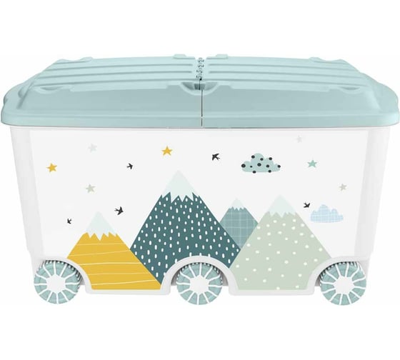 Изображение товара Ящик для игрушек на колесах Пластишка с декором горы, 66.5 л, 685x395x385 мм, светло-голубой 43138513151
