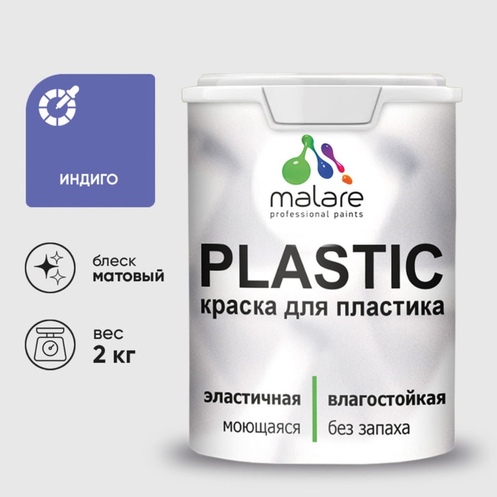 Акриловая краска MALARE для пластика Plastic для ПВХ, для подоконников и откосов, без запаха, матовая, индиго, 2 кг КПЛСТАИНДМ0200
