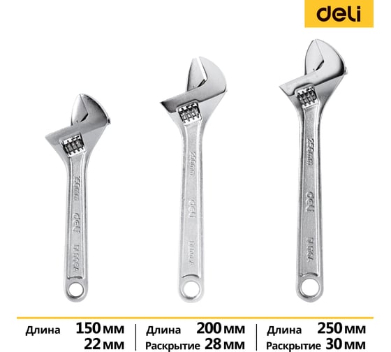 Изображение товара Набор разводных гаечных ключей DELI DL006A-3 150/200/250 мм, 3 шт 104449