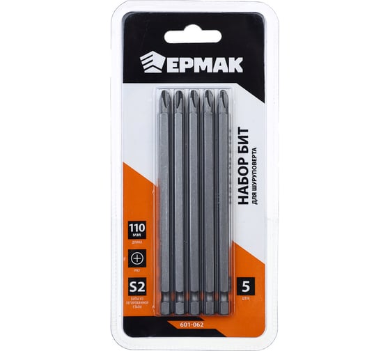 Изображение товара Биты PH2, 110 мм, удлиненные, 5 шт для шуруповерта ЕРМАК 601-062