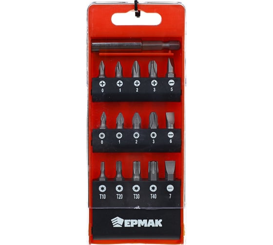 Изображение товара Биты с держателем 15 шт, в наборе: PH, PZ, SL, T(TX), длина 25 мм, в пластиковом кейсе ЕРМАК 601-069