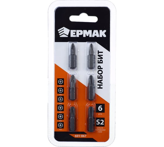 Изображение товара Набор бит 6 предметов, PH1, PH2, PH3, PZ1, PZ2, PZ3, длина 25 мм, блистер для шуруповерта ЕРМАК 601-067