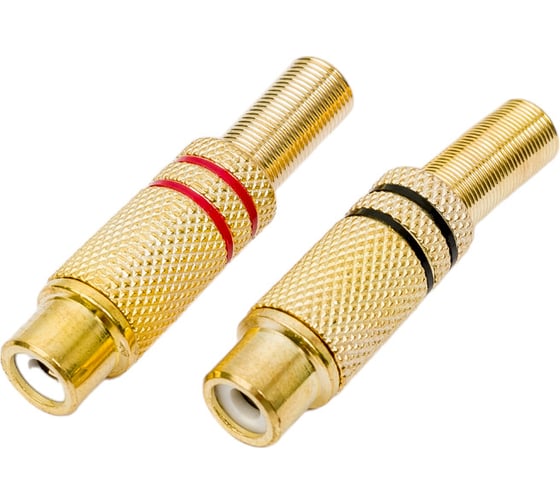 Изображение товара Разъем RCA гнездо Pro Legend металл на кабель, пайка, красный и черный 2 полосы, Gold, PL2159