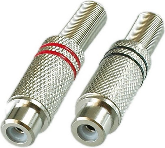 Изображение товара Разъем RCA гнездо Pro Legend металл на кабель, пайка, красный и черный 2 полосы, PL2158