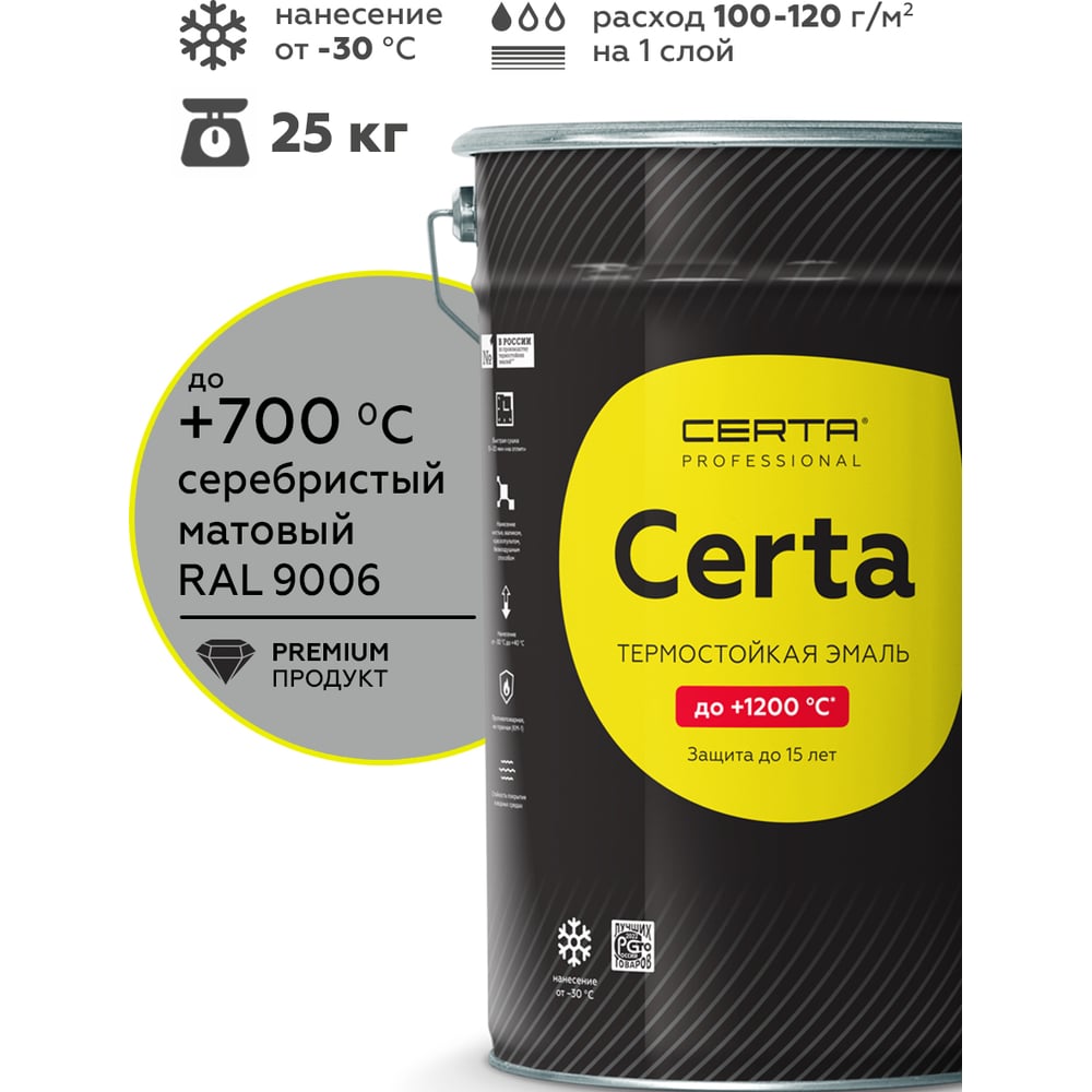 Изображение товара Термостойкая краска Certa для металла, печей, мангалов, радиаторов, дымоходов, суппортов, до 700 градусов, серебристый (~RAL 9006), 25 кг CPR0000725 Изображение товара Термостойкая краска Certa для металла, печей, мангалов, радиаторов, дымоходов, суппортов, до 700 градусов, серебристый (~RAL 9006), 25 кг CPR0000725