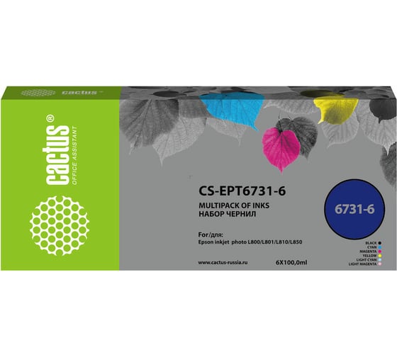 Изображение товара Чернила Cactus t673 многоцветный набор 6x100мл для epson l800/l810/l850/l1800 CS-EPT6731-6 1469403