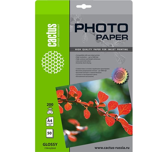 Изображение товара Фотобумага для струйной печати Cactus А4, 200г/м2, 50 листов, белая, глянцевая CS-GA420050 805820