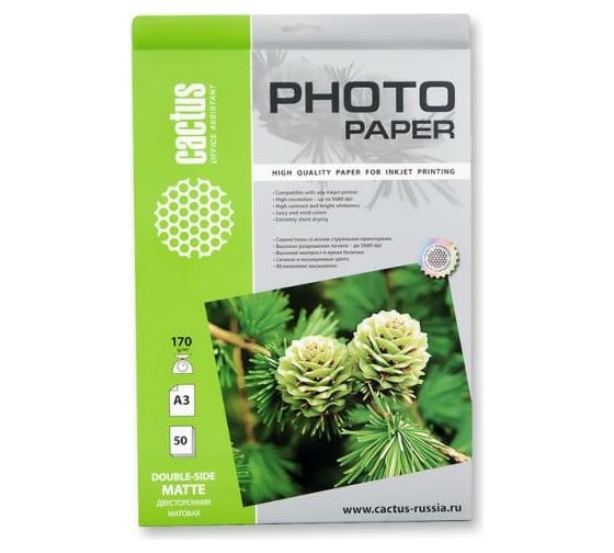 Изображение товара Фотобумага для струйной печати Cactus А3, 170г/м2, 50 листов, белая, матовая CS-MA317050DS 805843