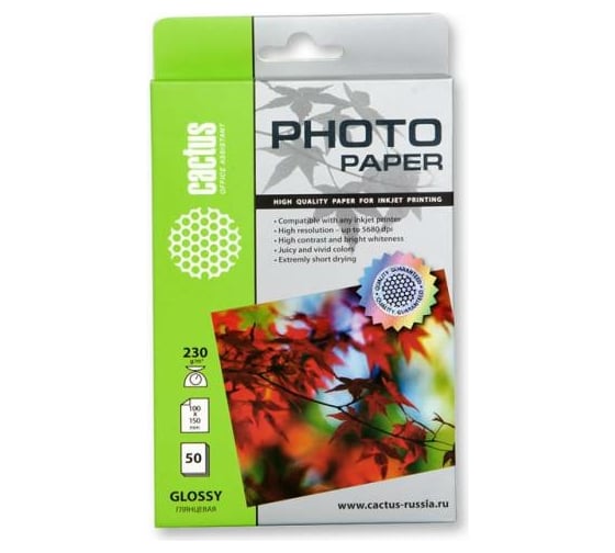 Изображение товара Фотобумага для струйной печати Cactus 10x15, 230г/м2, 50 листов, белая, глянцевая CS-GA623050 805830