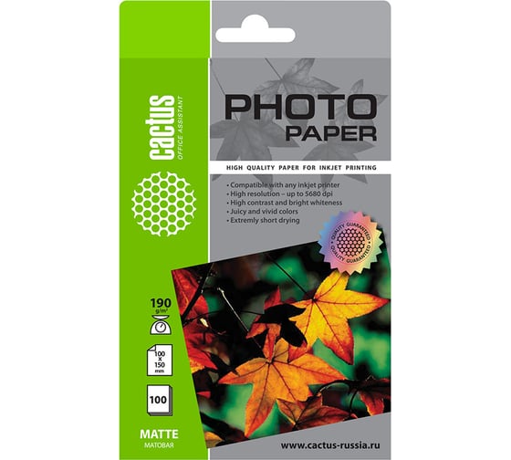Изображение товара Фотобумага для струйной печати Cactus 10x15, 190г/м2, 100 листов, белая, матовая CS-MA6190100 805857