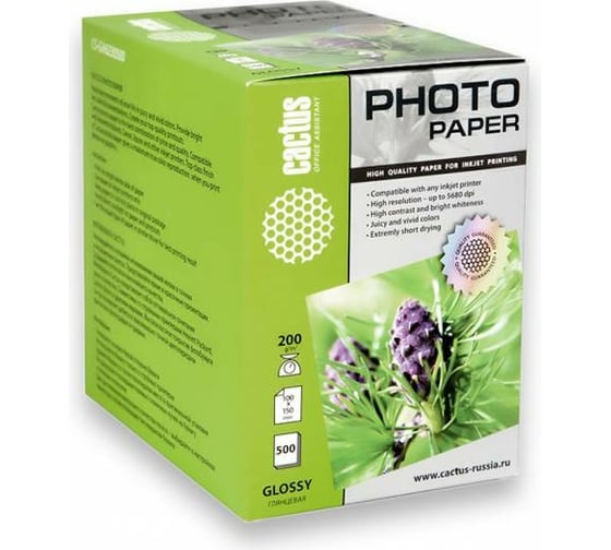 Изображение товара Фотобумага для струйной печати Cactus 10x15, 200г/м2, 500 листов, белая, глянцевая CS-GA6200500 805829