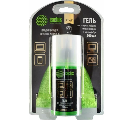 Изображение товара Чистящий набор салфетка/гель Cactus для экранов и оптики, 25x25 см, 200 мл, блистер 1 шт. CS-S3004BL 351689