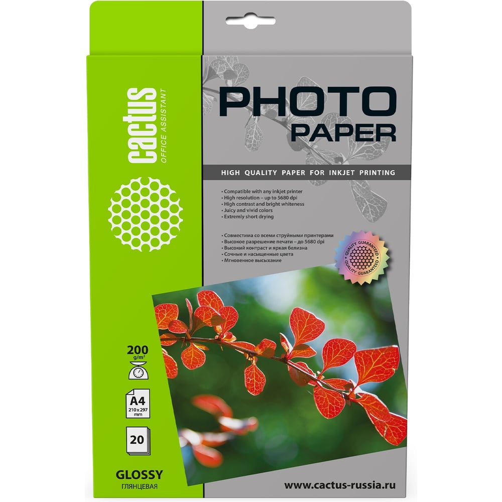 Изображение товара Фотобумага для струйной печати Cactus А4 200г/м2 20 листов