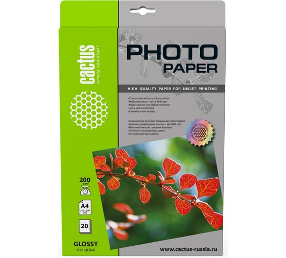 Изображение товара Фотобумага для струйной печати Cactus А4, 200г/м2, 20 листов, белая, глянцевая CS-GA420020 805819