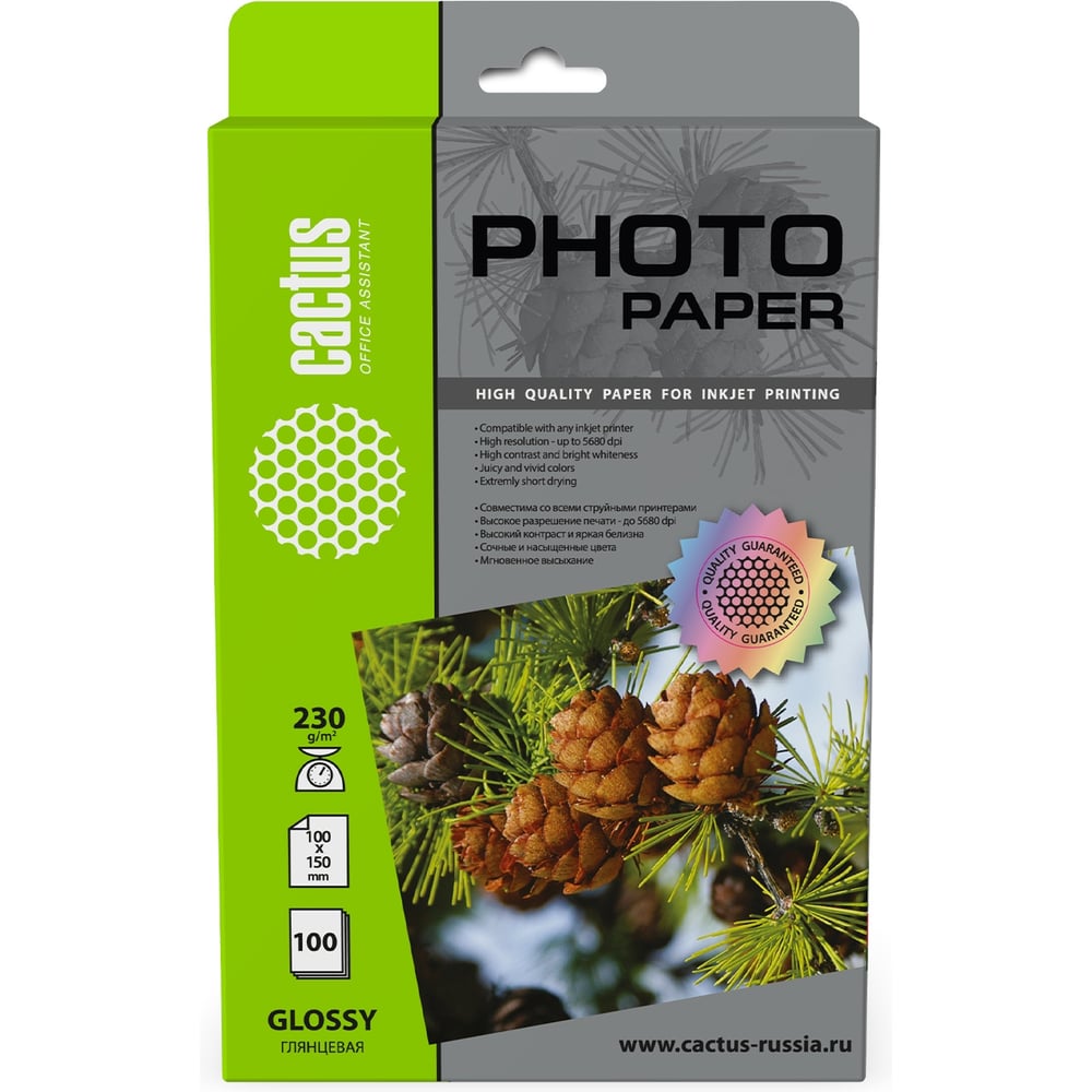 Изображение товара Фотобумага для струйной печати Cactus 10x15, 230г/м2, 100 листов, глянцевая