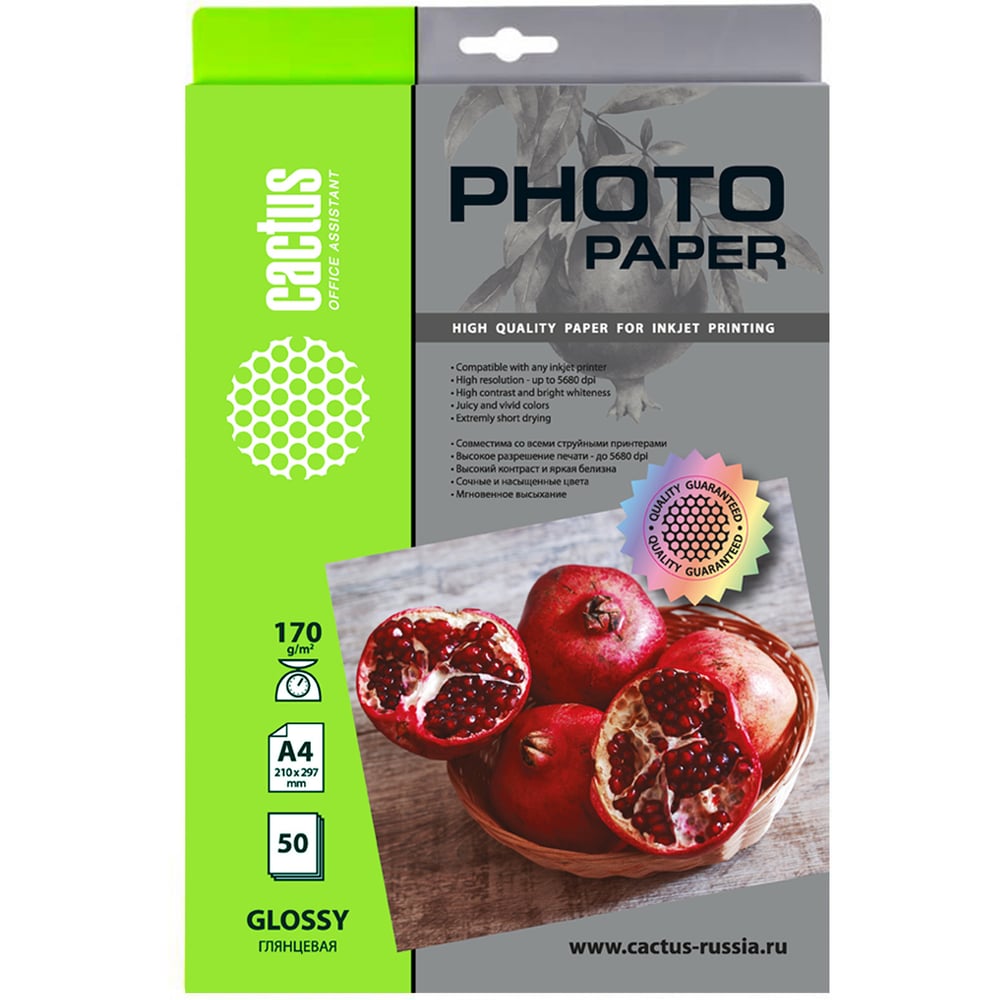 Изображение товара Фотобумага для струйной печати Cactus А4, 170г/м2, 50 листов, белая, глянцевая CS-GA417050 1583361