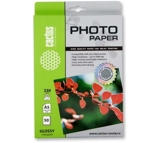 Изображение товара Фотобумага для струйной печати Cactus А5, 230г/м2, 50 листов, белая, глянцевая CS-GA523050 267269