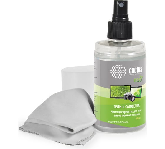 Изображение товара Чистящий набор салфетка/гель Cactus для экранов и оптики, 18x18 см, 200 мл, 1 шт. CS-S3004E 1118422