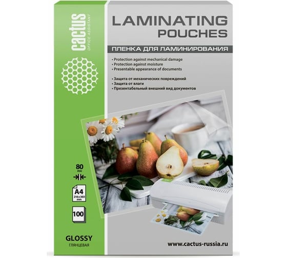 Изображение товара Пленка для ламинирования Cactus 80 мкм, А4, глянцевая, 216x303 мм, 100 шт. CS-LPGA480100 1059662