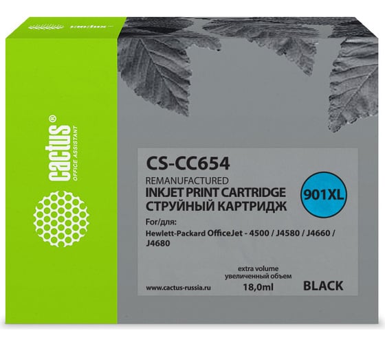 Изображение товара Струйный картридж для hp dj 4500/j4580/j4660/j4680 Cactus №901 черный 18 мл CS-CC654 807144