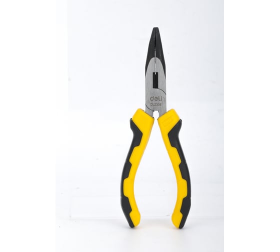 Изображение товара Удлиненные плоскогубцы DELI DL2306 с изогнутыми губками, 160 мм, угол загиба губок 30, сталь crv, двухкомпонентная ручка 108826
