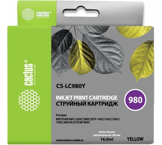 Изображение товара Струйный картридж Cactus желтый, 16 мл, для brother dcp-145c/165c/mfc-250c/290c CS-LC980Y 771746