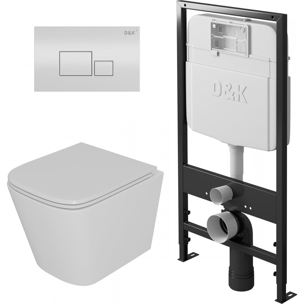 Изображение товара Комплект D&K подвесной безободковый унитаз DK Berlin DT1436016, 490х340х350 мм, сиденье микролифт, белое, инсталляция и кнопка DS1431602