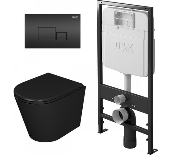 Изображение товара Комплект D&K подвесной безободковый унитаз DK Venice DT1026025 515х355х365 мм, сиденье микролифт, черное, инсталляция и кнопка DS1022502