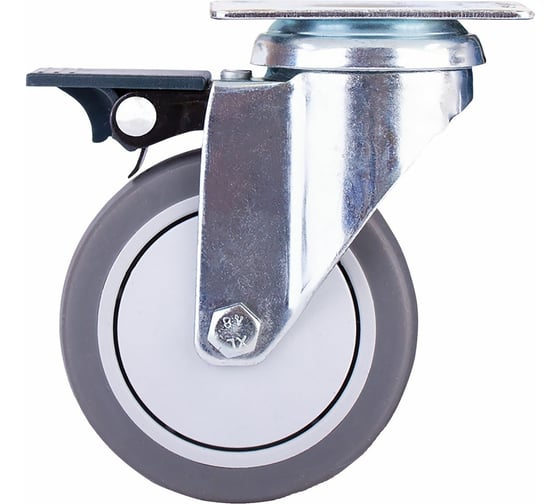 Изображение товара Опора колесная поворотная на площадке со стопором 75 мм, пластик/резина серая Стройбат 556250