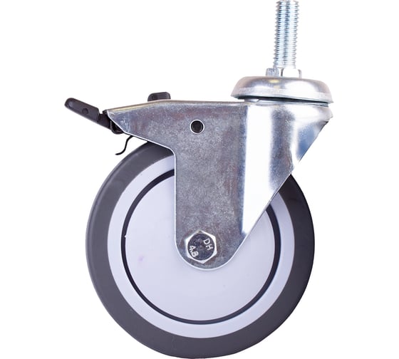 Изображение товара Одинарный ролик Стройбат с резьбовым штифтом М12 со стоппером 100 мм пластик/резина серый 1 шт 555990