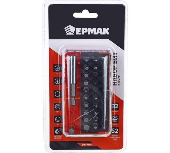 Изображение товара Набор бит 32 предмета (PH, PZ, SL, T(TX), HEX, 25 мм) для шуруповерта ЕРМАК 601-066