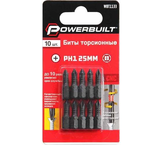 Изображение товара Биты торсионные powerbuilt PH1, 25 мм, 10 шт TORGWIN WBT1133