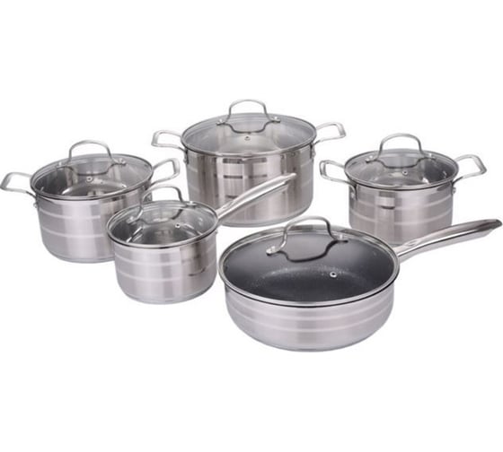 Изображение товара Набор посуды Ladina NELLY из нержавеющей стали 10 предметов, кастрюля 2.5 л, 3.4 л, 6 л, ковш 1.8 л, сотейник 3 л 69030