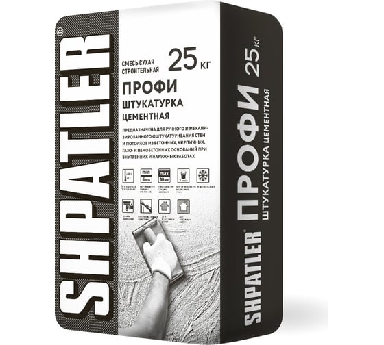 Изображение товара Цементно-известковая штукатурка ШПАТЛЕР Профи с фиброй, трещиностойкая, 25 кг Ш00009