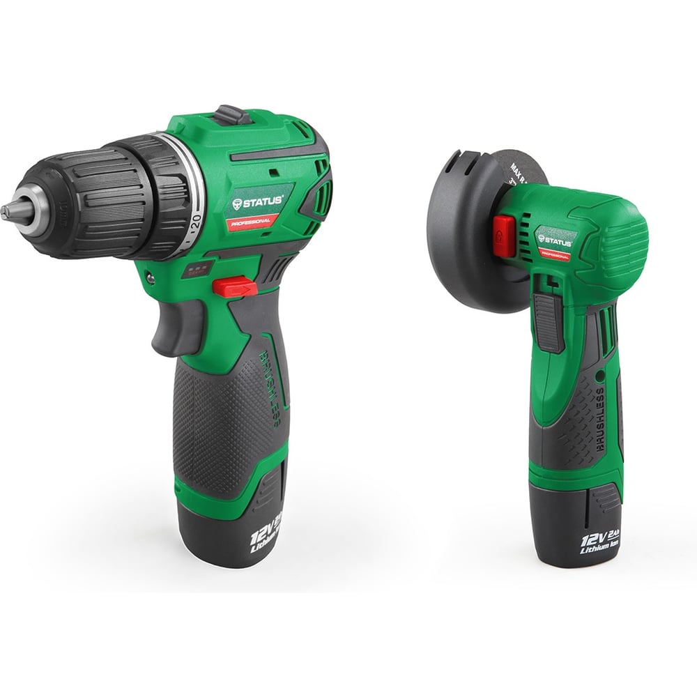 Изображение товара Бесщёточный аккумуляторный набор STATUS 07126201 дрель-шуруповерт и УШМ 12В
