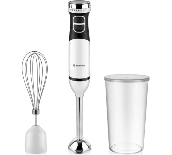 Изображение товара Погружной блендер BRAYER 800 Вт, лезвия из нержавеющей стали, 2 скорости, плавная регулировка, венчик, стакан 700 мл, белый BR1243